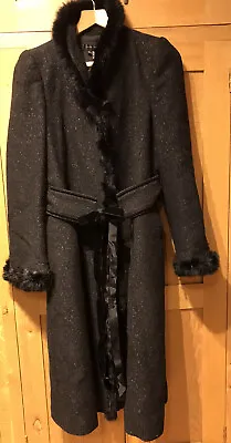 $36.59 • Buy Zara Black Occasion Coat With Velvet  Belt And Fur Trim Size L