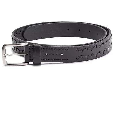 AllSaints Belt Mens 34 Ink Black Cowhide Leather Woven Detail 32mm Flat • £60.89