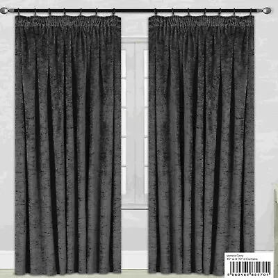 Vienna Silver Grey Crush Crushed Velvet Pencil Pleat Ready Made Lined Curtains • £23.99