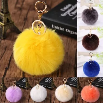 Soft Faux Fluffy Rabbit Fur Pompom Keyring Bag Charm Keychain  Pom Pom Key Ring • £2.99