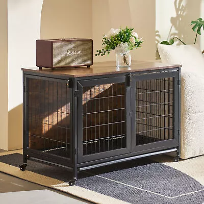 $119.99 • Buy 37  Wooden Dog Cage Kennel Metal Heavy Duty Pet Crate W/ Wheels 2 Doors&Tray
