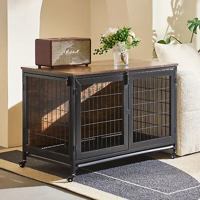 $126.95 • Buy Large 37  Wooden Dog Crate Furniture Kennel Metal Heavy Duty Pet Cage W/ Wheels