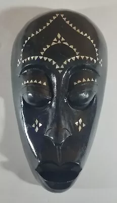 Hand Carved Indonesian Black Wood Mask Mother Of Pearl Inlay Wall Decor 13  • $29.99