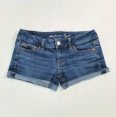 $21 • Buy American Eagle Shorts Women's Jeans AE Stretch Low Rise Midi Cut Off Blue Sz. 2