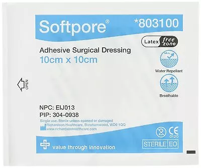 Softpore Adhesive Surgical Dressing Water Repellent Sterile Single Use 10x10 Cm • £9.49