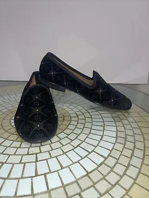 Del Toro Men's Black Velvet Loafers Shoes Slippers W/ Gold Studs Sz 7/US 7.5M • $59.99