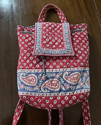 Vintage Vera Bradley Backpack Bag Red Blue Cotton Quilted Drawstring Purse • $20