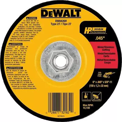 Dewalt DW8426H Metal Cutting Wheel 5/8-11 Arbor 6-Inch By 0.045-Inch Type 27 • $10.99