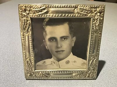 1940's  Photo Frame Silvertone Repousse  5.2x5.2 W/ Officer Naval Military Photo • $14.99