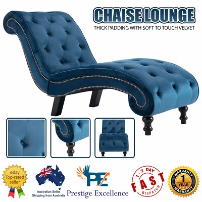 $384.61 • Buy Chaise Lounge Chair Button Tufted Scroll Design Blue Velvet Home Furniture 145cm