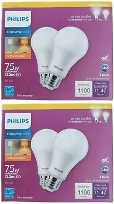 Philips LED 12.2W 75W A19 Dimmable Light Bulb Soft White Warm Glow - 4 Pack • $15.49