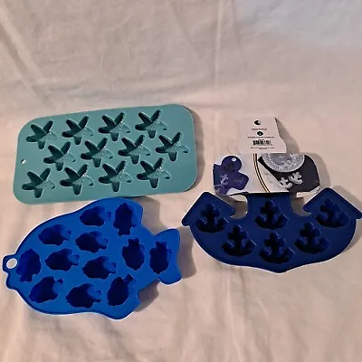 $9.99 • Buy Lot 3 SILICONE ICE CUBE TRAYS Candy Mold Fish Anchor Starfish Star Ocean Sea