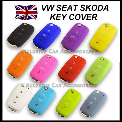 $6.10 • Buy Key Cover For VW Seat Skoda 3 Button Flip Key Fob Case Hull Silicone Rubber 57*