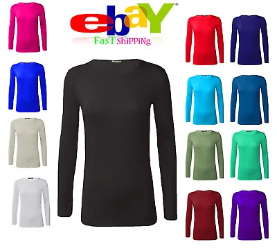 UK Women' S Long Sleeve Stretch Plain Round Scoop Neck T Shirt Top Size S-XXXL • £6.89