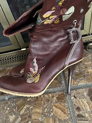 Vtg Christian  Dior By John Galliano Brown Embroidered Leather Boots 38 • $300