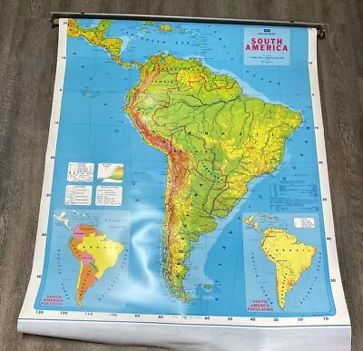 Vintage Pull-Down School Map South America Classroom 1982 Goshen IN 53x44  *Read • $44.17