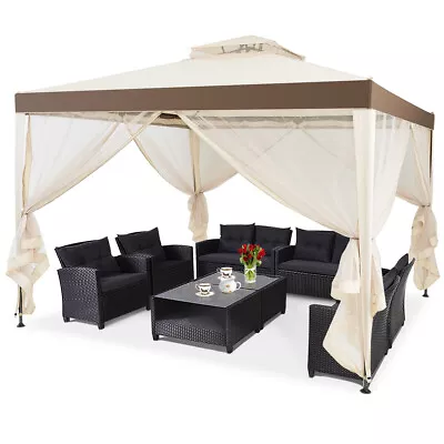 3Mx3M Gazebo Tent Steel Frame 3-4 Person Camping Canopy W/Dense Mesh Beige • £99.95