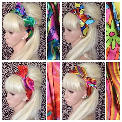 MULTICOLOUR 60s RETRO PRINT SATIN BENDY WIRED WIRE BOW HAIR WRAP SCARF HEADBAND  • £4.50