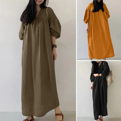 UK Womens Short Sleeve V Neck Long Maxi Dress Casual Loose Shirt Dresses Kaftan • £11.96