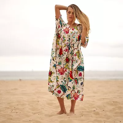 Indian Cotton White Beautiful Floral Kaftan Dress Women Clothing Kaftan Dress AU • $33.75