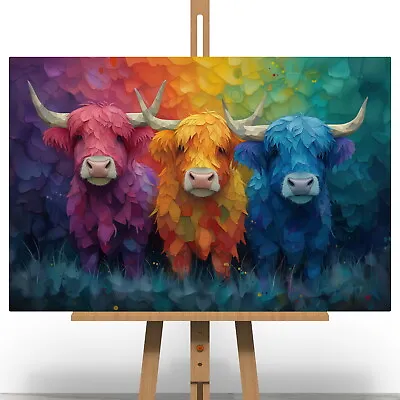 Colourful Highland Cow Cows Canvas Print Picture Gift Scottish Wall Art LGBTQ • £5.99