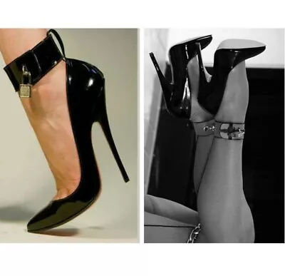 Women Sexy Men Shoes Fetish Pointy Toe Stiletos High Heel Lockable Padlock Pumps • £66.07