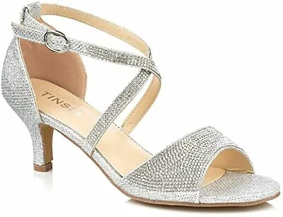 £29.99 • Buy New Silver Diamante Kitten Heel Open Toe Cross Strap Strappy Sandals Shoes 3-8