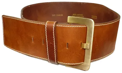 TED BAKER Tan Brown Hide Saddle Leather Belt  Gold SMALL 28-31” Thick Wide 3” • £24.99