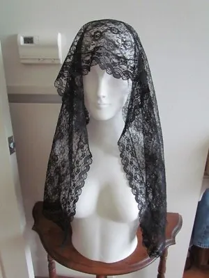 Black Floral Lace Mantilla Antique Vintage Church Scarf Wrap Mourning Veil  1 • $29.55