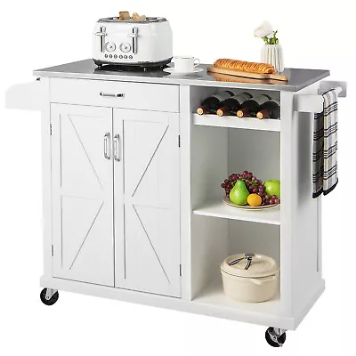 Mobile Kitchen Island Cart Rolling Barn Door Buffet Cabinet W/ Stainless Steel • $999