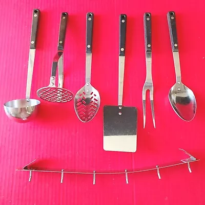 Vintage EKCO Flint Arrowhead Stainless Kitchen Utensil Set W/ RACK ** 7 Pc SET • $99