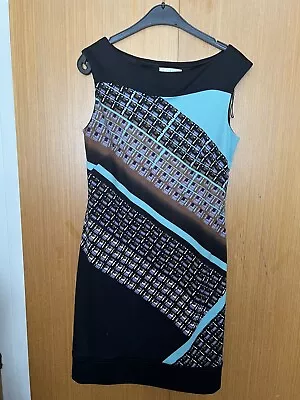 London Times Turquoise Black Mix Sleeveless Shift Dress Sz 12 Polyester Stretch • £7.99