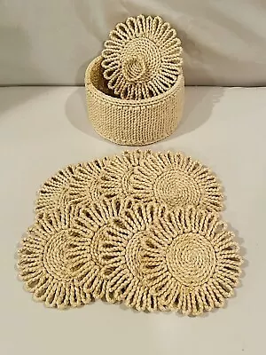 Vintage Rattan Wicker Woven Coasters Set Of 8 Holder With Lid EUC Round Boho • $18