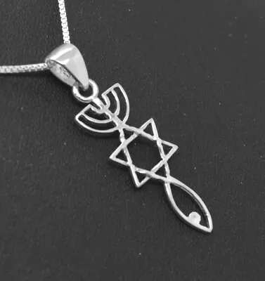 925 Silver Grafted In Star Menorah Fish Messianic Seal Pendant Necklace 1  NEW • $16.95