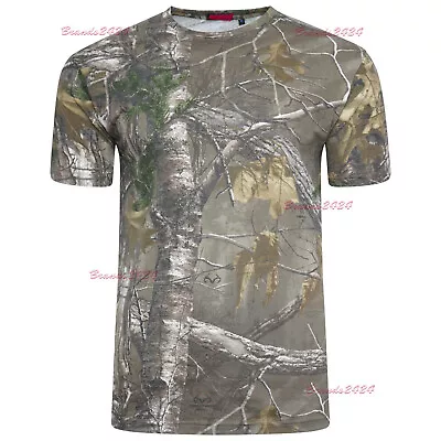 Mens Jungle Print Real Tree Army Print Short Sleeve Outdoor Hunting T-Shirt Tops • £6.95