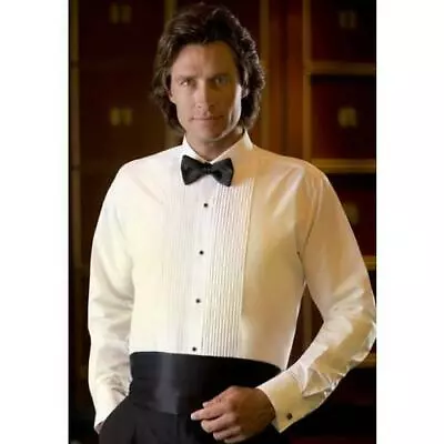 Men's Ivory Tuxedo Shirt Laydown Collar Pleated Off White Bone Formal TUXXMAN • $11.21