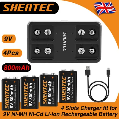 4x 9V 800mAh Block Lithium Rechargeable Battery 6F22 PP3 LR22 X22 &4Slot Charger • £19.91