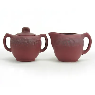 Van Briggle Pottery Mulberry Red Floral Cream Pitcher & Sugar Bowl Arts & Crafts • $145