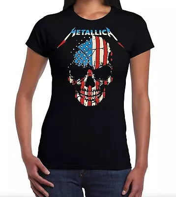 Metallica American Skull ROCK BAND Women's Black T-Shirt • $12.99