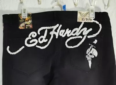 NWT ED HARDY Embroidered Skull Jeans Men's Black Skinny Stretch Size 40 - 42/29 • $57.99