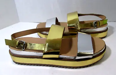 $21.50 • Buy Zara Trafaluc Silver/Gold Metallic Leather Strappy Slingback Platform Sandals 38