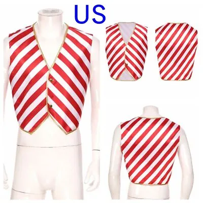 US Men's Christmas Candy Cane Red White Stripe Vest V Neck Button Down Waistcoat • $13.59