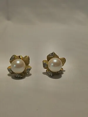 1980s VINTAGE KENNETH JAY LANE COUTURE PEARL AND CRYSTAL FLORAL CLIP EARRINGS • $199.99