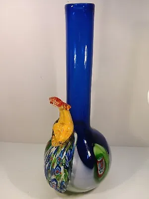 Tall Murano Handblown Peacock  Feather  Pulled  Millefiori  3D Art Glass Vase • $48.99