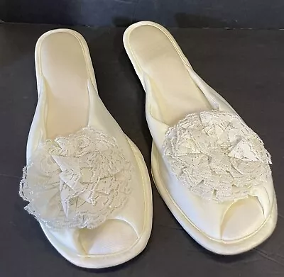 Vanity Fair Vintage Slippers Nylon White L 8-9  Lace Bow House Shoes Washable • $22.99