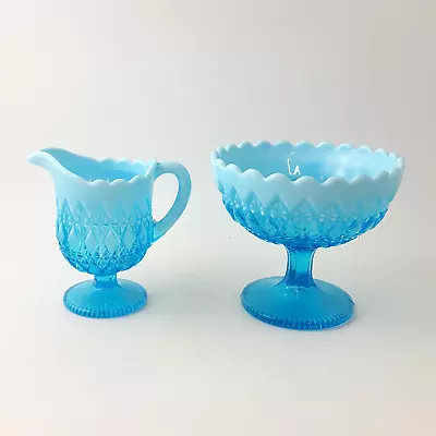 Davidson Glass Company - Pearline Blue Opalescent Cream & Sugar Bowl - OP 3246 • £60