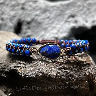 Natural Lapis Lazuli Blue Jasper Stone Braided Bracelet For Anxiety Relief • $12.90