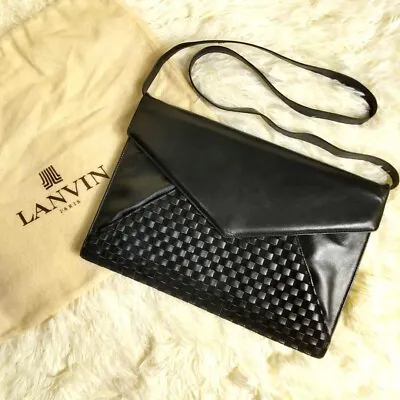 Vintage LANVIN Leather Braided Shoulder Bag Crossbody Clutch Bag Black • $98