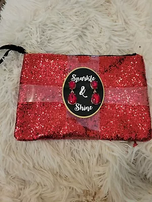 Red Glitter Bling Sparkle & Shine Travel Makeup Bag Money Bag Matching Earrings  • $7