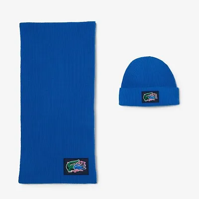 Lacoste Unisex Ribbed Wool Beanie And Scarf Gift Set - Made In France Blue • £75